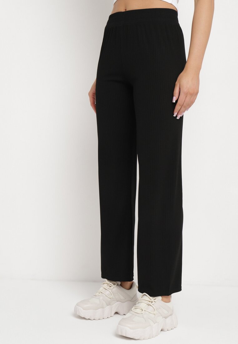 Pantaloni Negri Largi Reiați cu Elastic în Talie Drasia