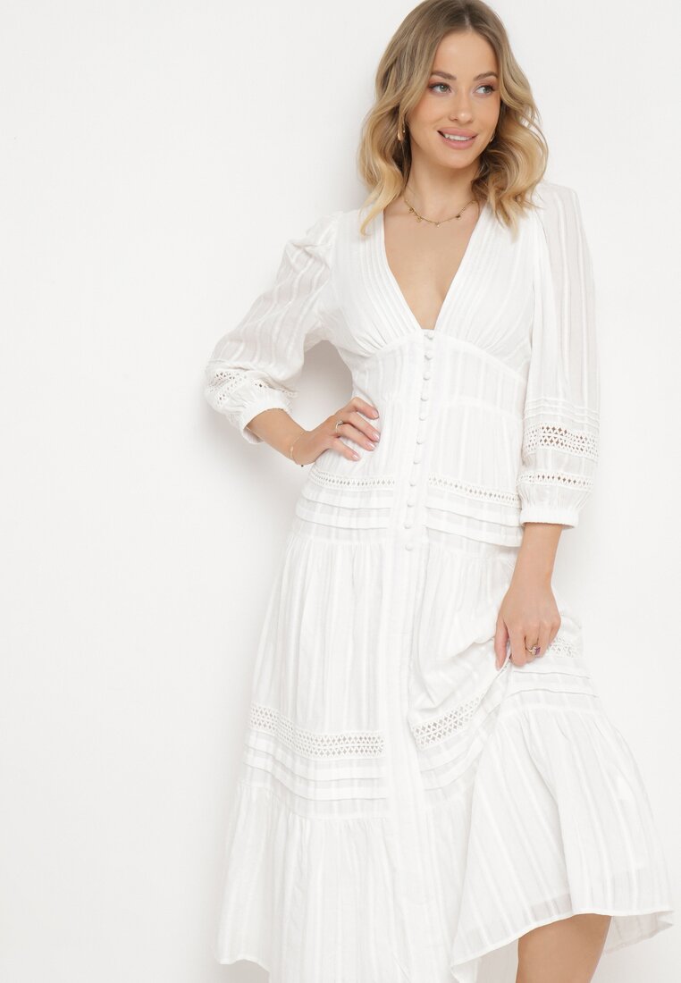 Rochie Albă Cloș din Bumbac cu Nasturi cu Benzi Ajurate Lacinda