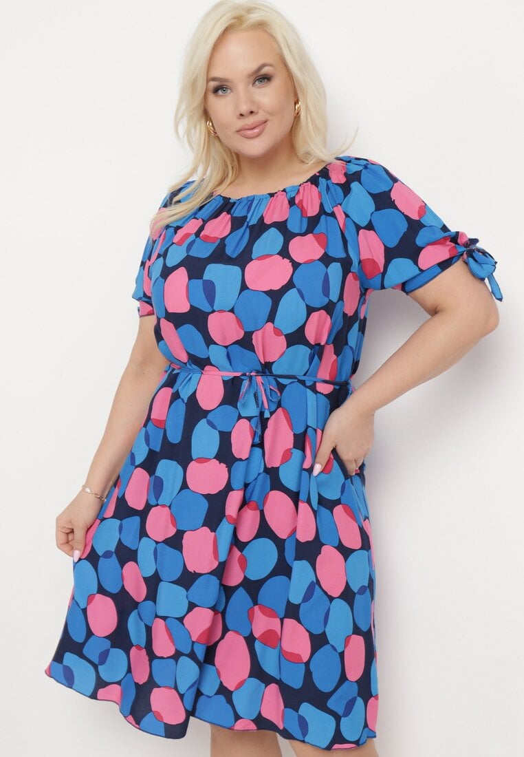 Rochie Trapezoidală Albastră din Bumbac cu Decolteu Elastic și Șnur în Talie Eeraphina