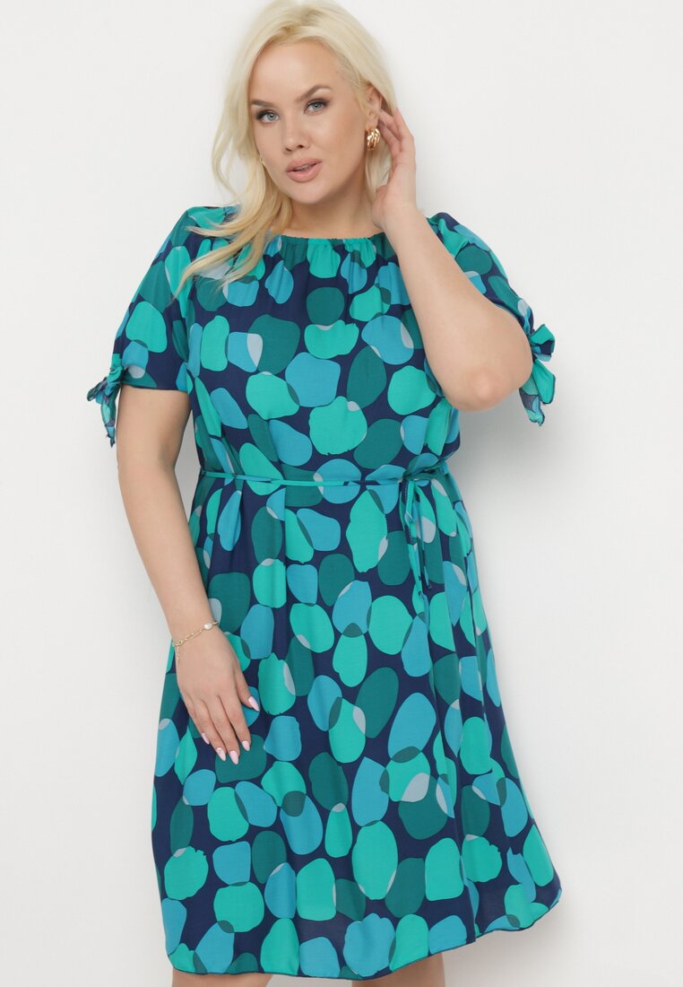 Rochie Verde Trapezoidală De bumbac cu Decolteu elastic și Șnur în talie Eeraphina