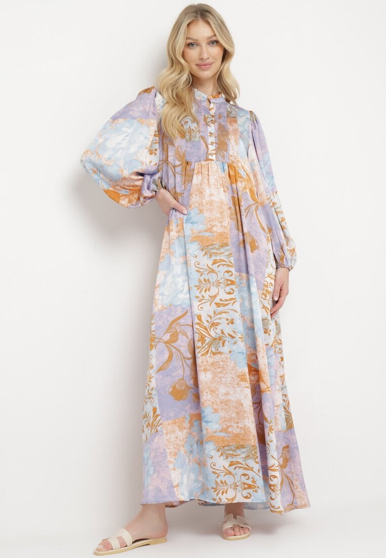 Rochie Cloș Albastru-Violet Cu nasturi Decorată cu elastic încrețit Soraffe