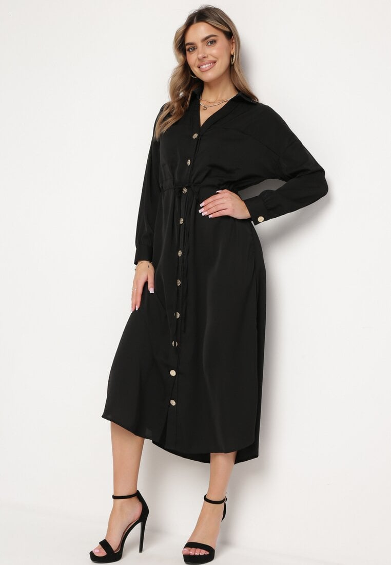 Rochie Cămașă Neagră cu șnur în talie și nasturi Atlanes