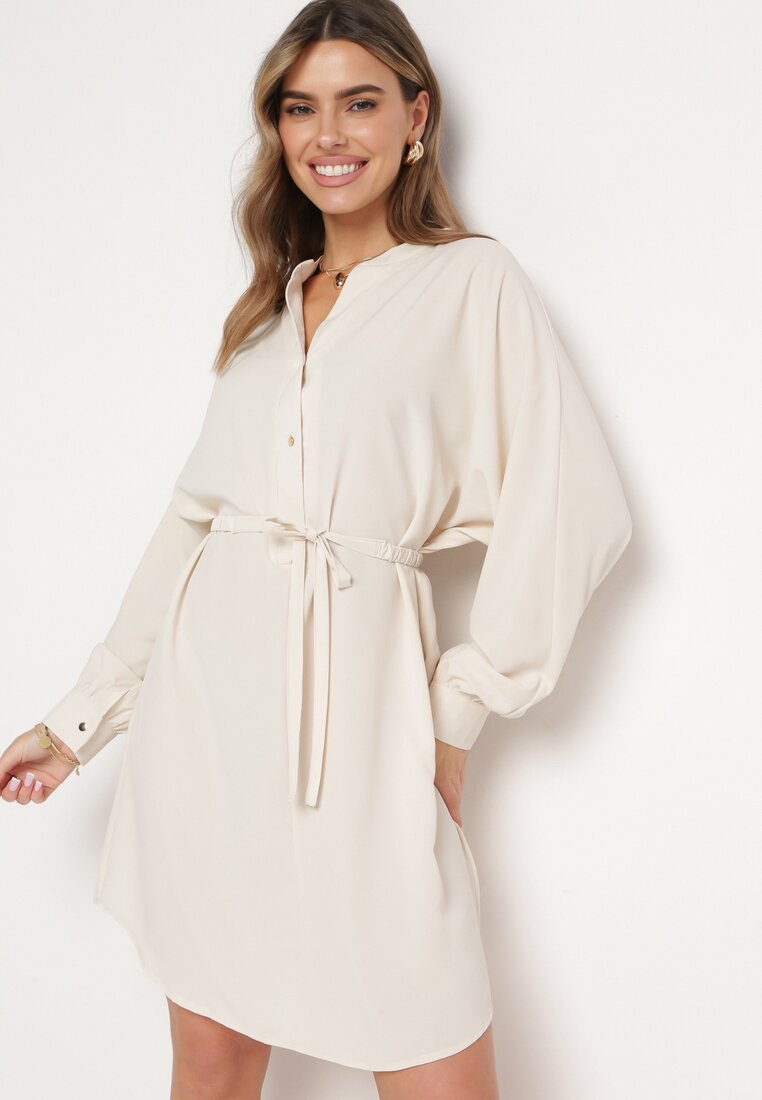 Rochie Bej cu Legătură în Talie cu Bluză Stil Cămașă Leandia