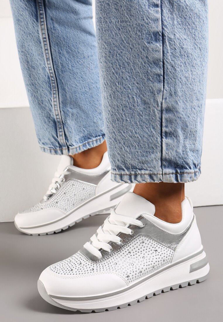 Sneakersi Albi pe Talpă Groasă cu Zirconii și Șireturi Aptive