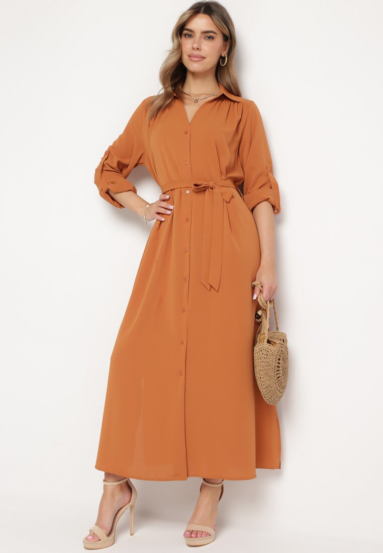 Rochie Cămașă Maro cu nasturi cu Mâneci Ajustabile Grimoire