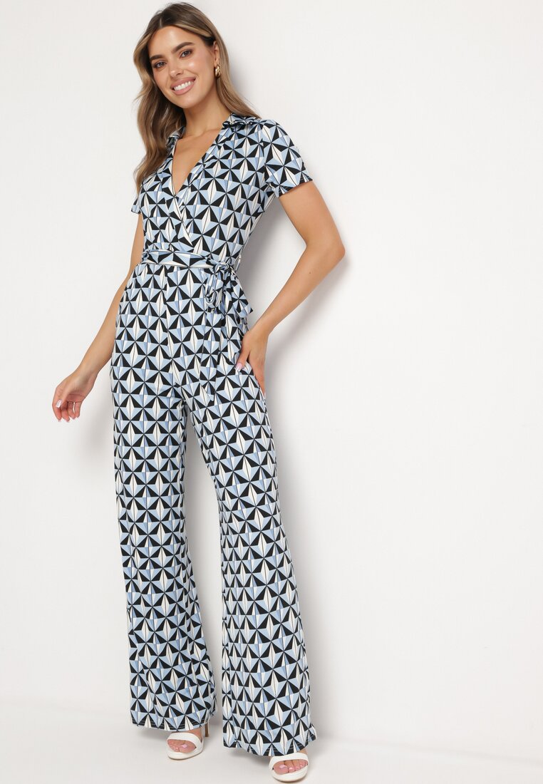 Salopetă Albastră cu Imprimeu Geometric, cu Picioare Largi și Cordon Jaeniaria