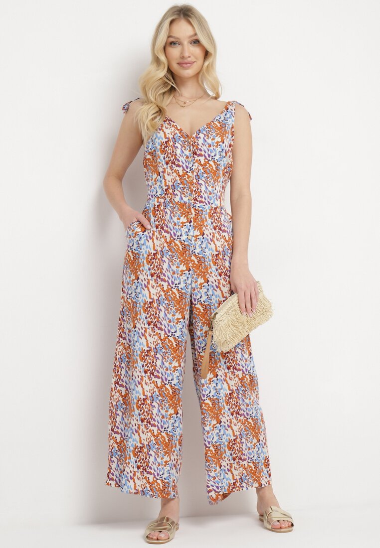 Salopetă Albastru-Maro cu picioare lungi, cu bretele legate și cu imprimeu abstract Izara