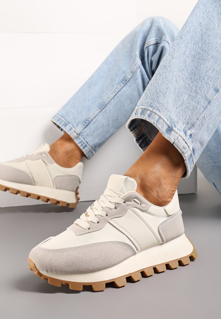 Sneakerși Bej din piele ecologică cu cusături pe talpă cu profil Pomadia