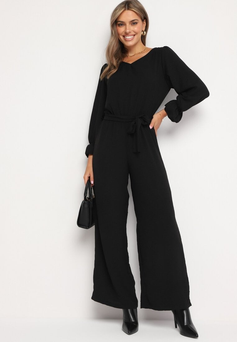 Salopetă Lungă Neagră cu Elastic în Talie Legată la Spate Kailanis