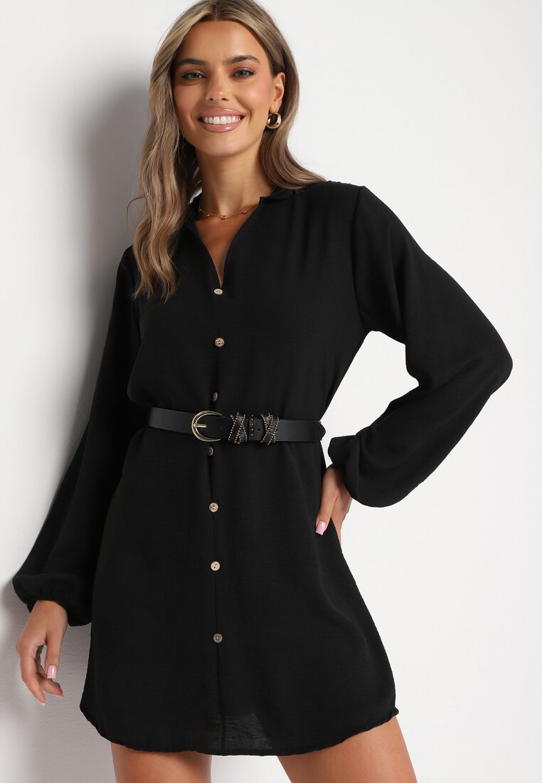 Rochie Neagră dreaptă evazată cu nasturi decorativi Alcionete