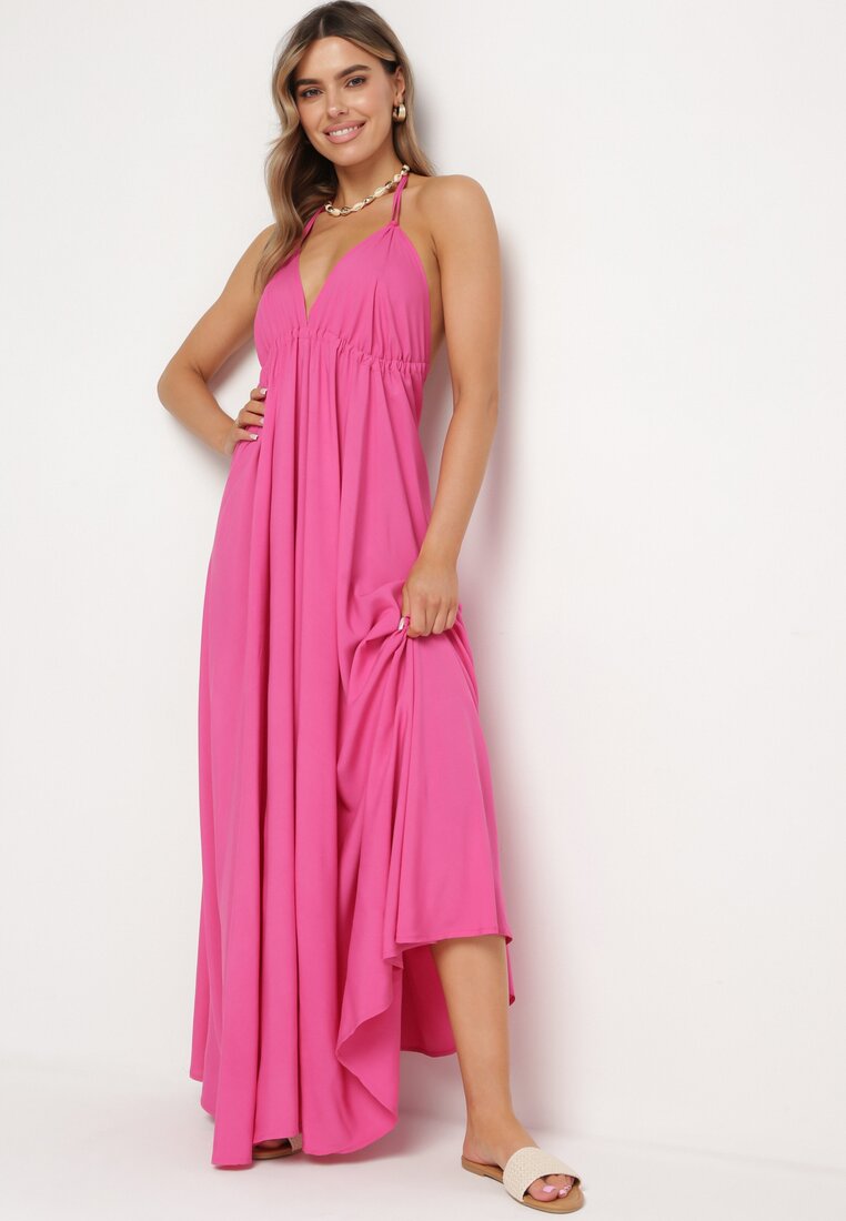 Rochie Fucsia din Viscoză cu o Croială Puternic Evazată Legată la Gât Uldren