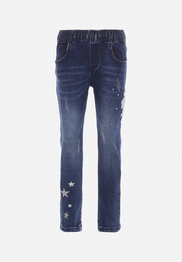 Jeans albaștri cu elastic în talie, decorați cu aplicație și cu zirconii Ligustria
