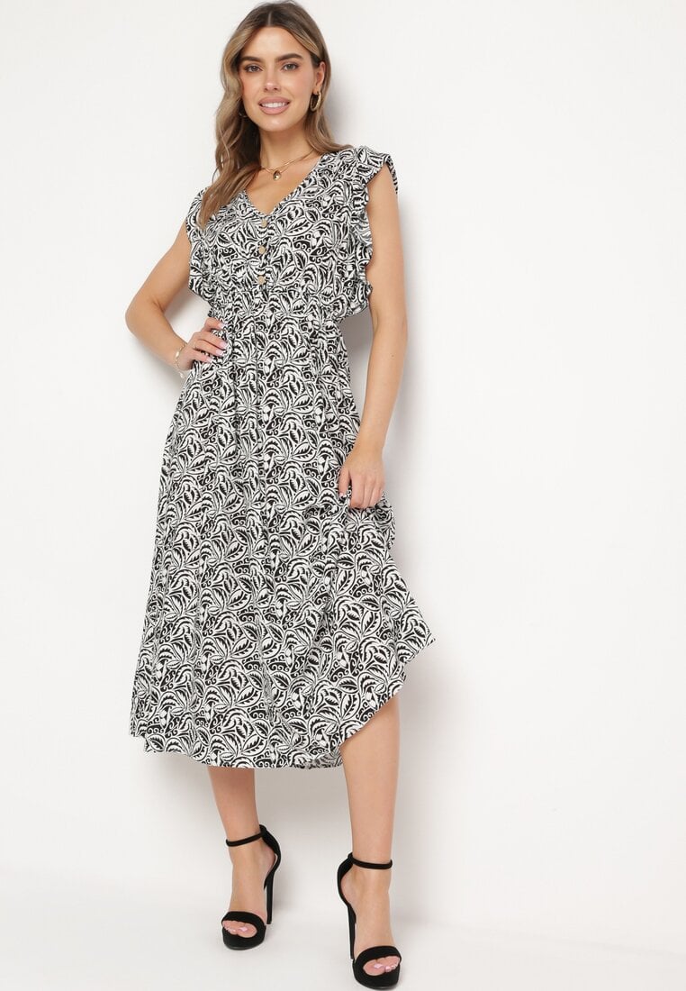 Rochie Neagră din Bumbac cu Elastic în Talie și Model Mozaic Indaria