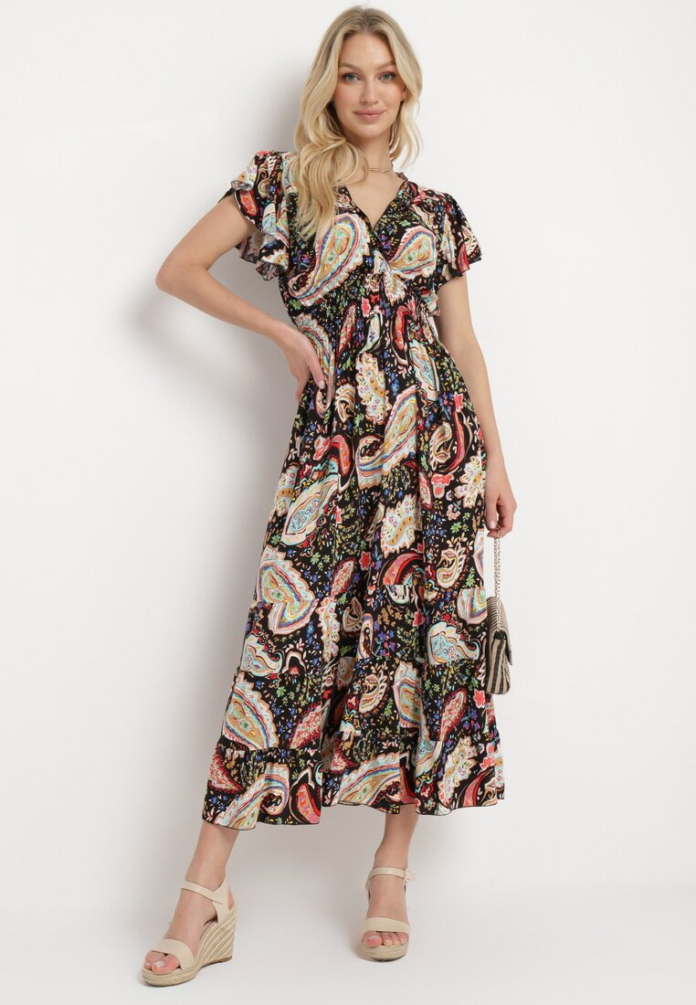 Rochie neagră din bumbac Boho cu elastic în talie și cu imprimeu paisley Sirrelia