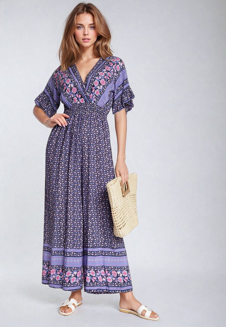 Salopetă din bumbac bleumarin cu elastice în talie și decolteu petrecut închisă la spate cu nasturi Lorrania