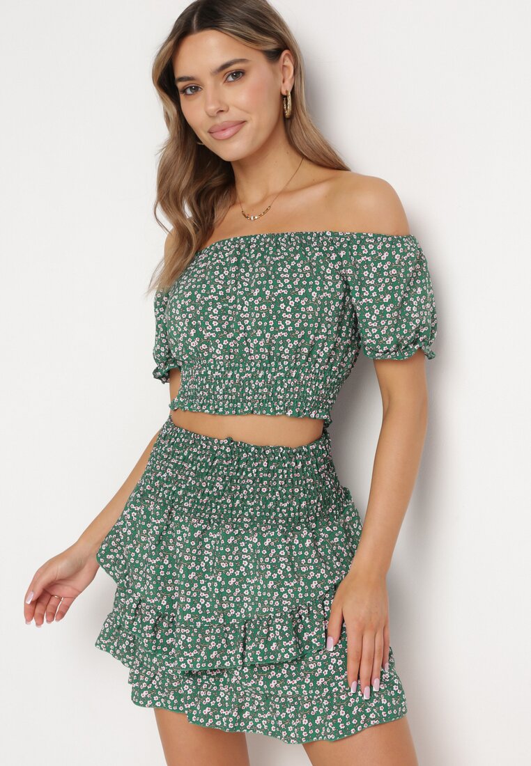 Komplet Verde două piese floral Top cu decolteu spaniol și Fustă cu volane Fritia