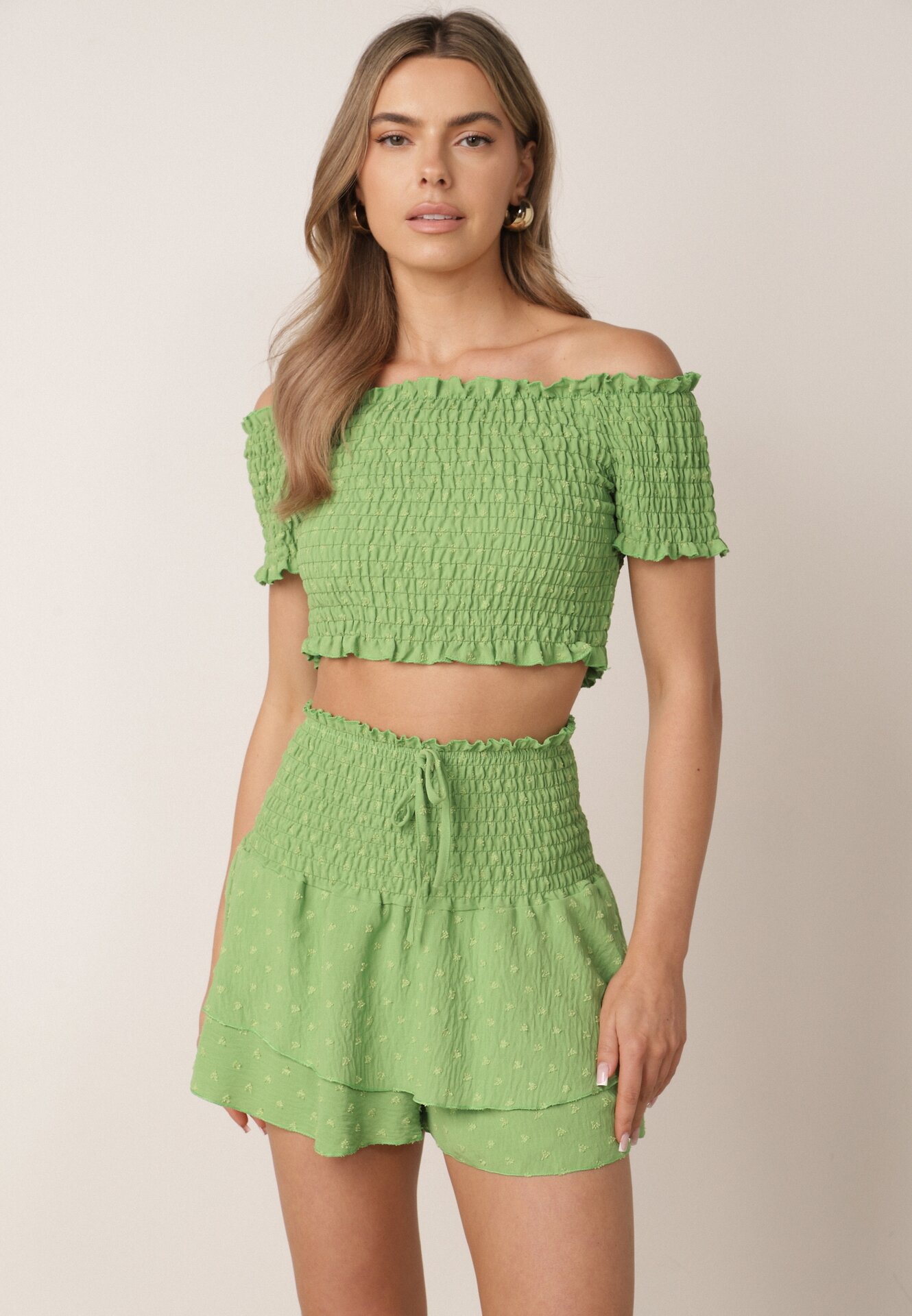 Set Verde Top Stil spaniol și Fustă-Pantaloni scurți cu elastic Quillatta