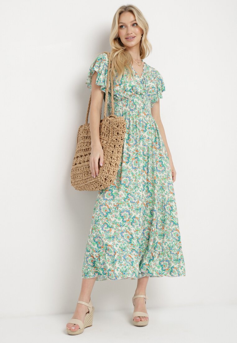 Rochie Verde Deschis din Bumbac cu Model Ornamental cu Elastic în Talie și Volane Fioralas