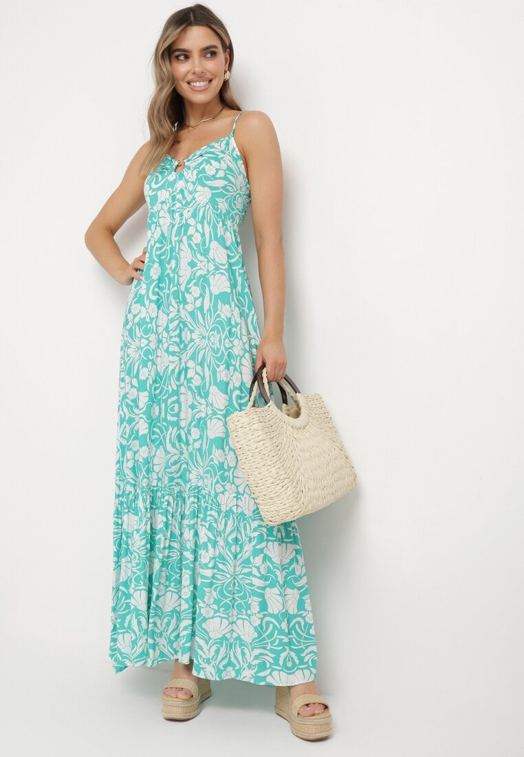 Rochie Albastră Maxi din Bumbac cu Bretele Subțiri cu Volan și Imprimeu Floral Miora
