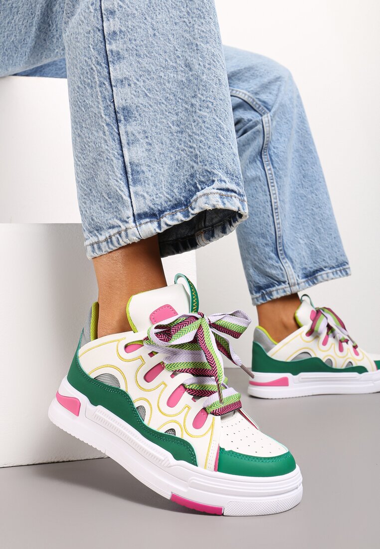 Adidași Albi-Verzi cu talpă groasă cu șireturi decorative Theist