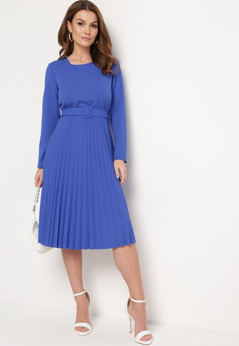 Rochie Bleumarin Midi cu fustă plisată și cordon Ondinetta