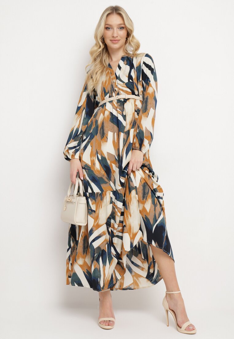 Rochie Bej și Verde Cloș cu Imprimeu Abstract cu bust camisă Analow