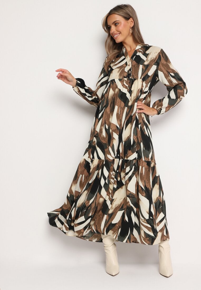 Rochie Bej-Maro Cloș cu Imprimeu Abstract și cu Bust Tip Cămașă Analow