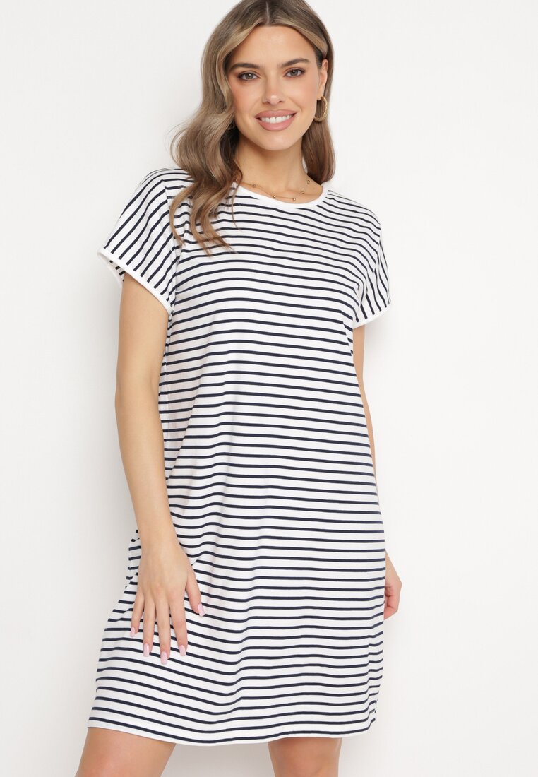 Rochie Alb-Bleumarin de Bumbac în Dungi cu Decolteu la Spate Decorat cu Bretele Palupia