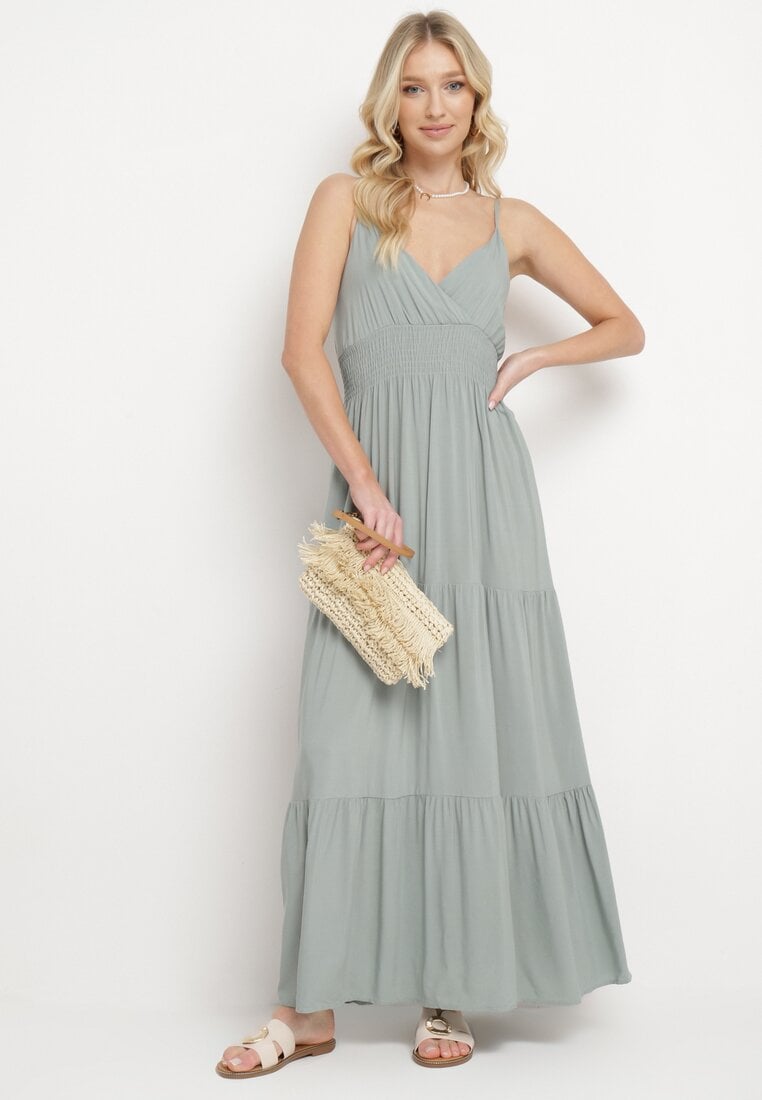 Rochie Verde închis evazată cu bretele reglabile din bumbac Aletise