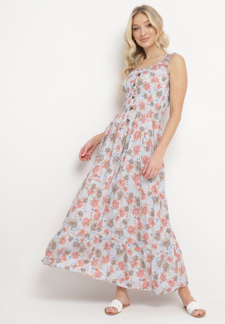 Rochie cloș albastru deschis de bumbac cu imprimeu floral cu nasturi Jamallia