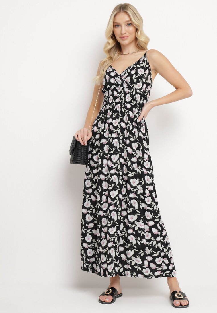 Rochie Neagră din bumbac evazată cu imprimeu floral cu bretele reglabile Rosapia