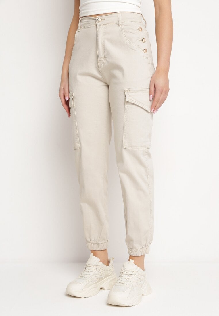 Pantaloni cargo bej deschis din Bumbac cu Butoane Decorative Arminue