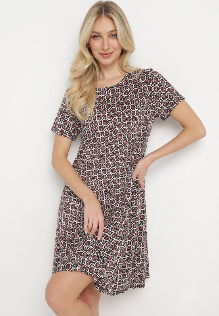 Rochie Negru-Bordo din Vâscoză cu Imprimeu Mozaic cu Croi Cloș Faellina