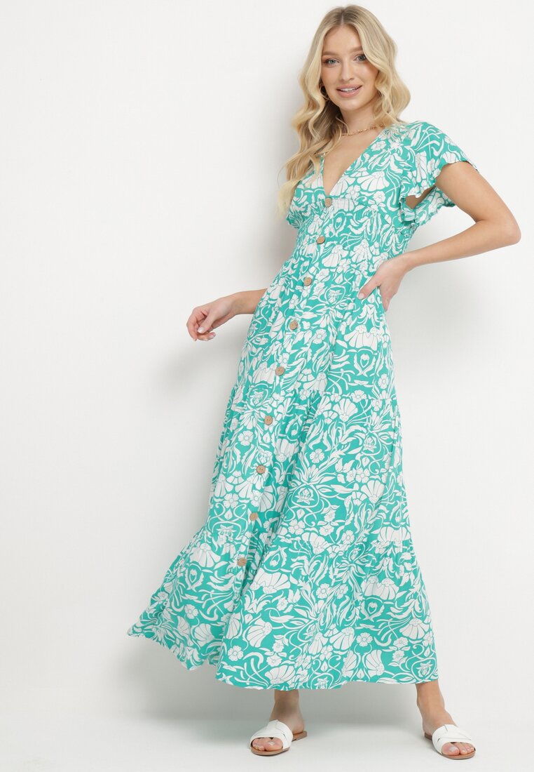 Rochie Mentă Cloș Maxi cu Mânecă Largă cu Imprimeu Floral Oxeria