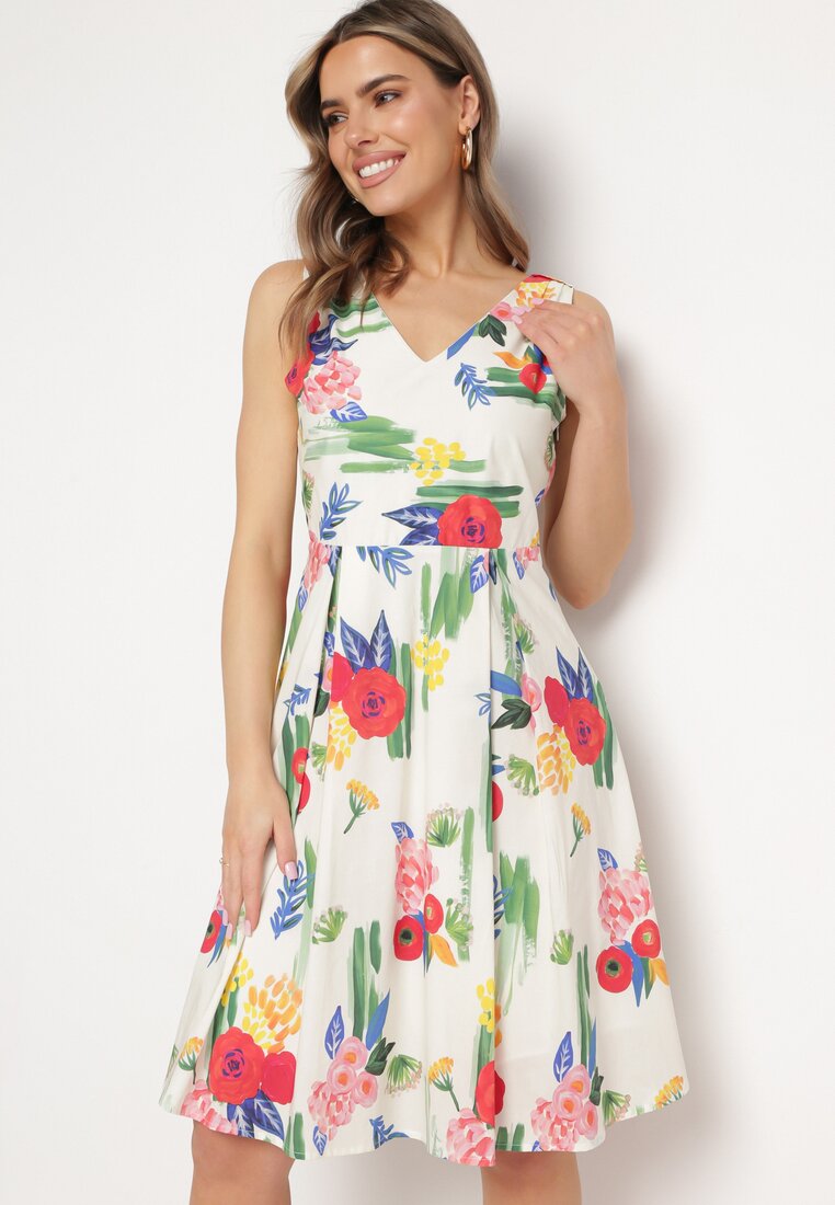 Rochie Albă de bumbac evazată cu imprimeu floral cu bretele mai groase Talnagra