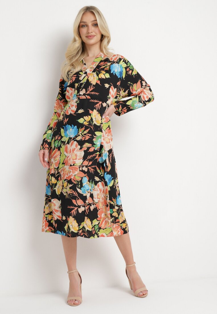 Rochie Negru-Roz Tip Petrecută cu Model Floral Anaviera