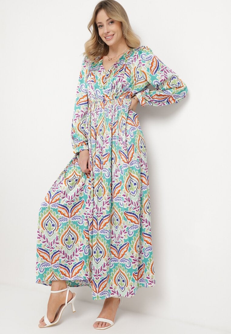 Rochie Verde Plisată cu Elastic în Talie Finisată cu Nasturi Zaramarie