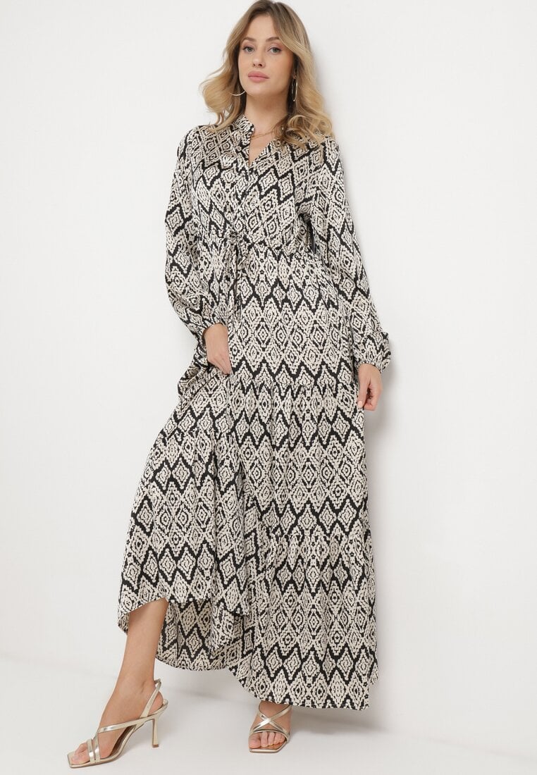 Rochie Evazată Negru-Albă Cu șnur în talie, Încheiată cu nasturi Biemarie