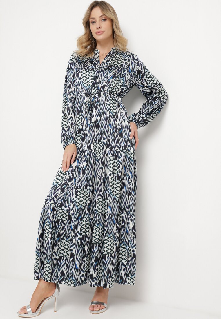 Rochie Albastră Evazată cu curea în talie și volan, cu nasturi Loremarie