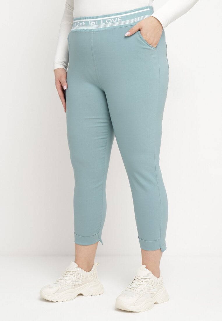 Pantaloni Albaștri cu Bandă Elastică Decorativă în Talie cu Buzunare și Inscripție Decorativă Geraltina