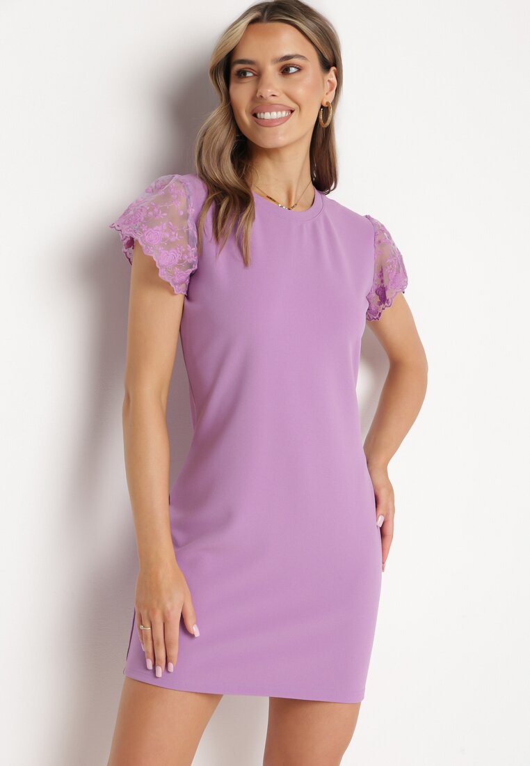Rochie Violet Mulată cu mânecă din dantelă Cidariana