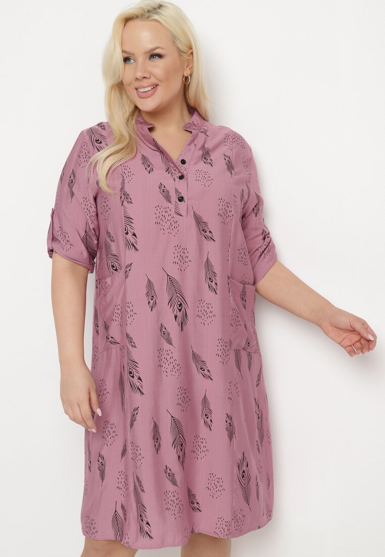 Rochie-cămașă Ciemnoróżowa cu Nasturi la Decolteu cu Mâneci Suflecate Ketella