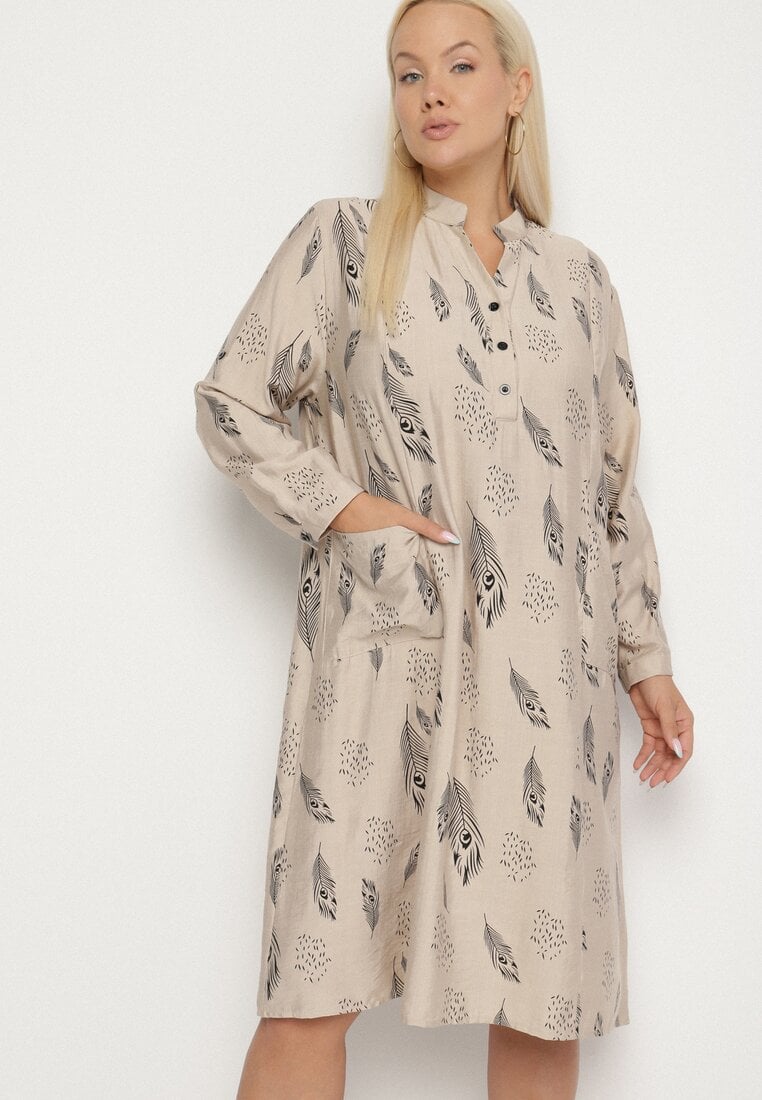 Rochie cămașă bej cu nasturi la decolteu cu mâneci suflecate Ketella