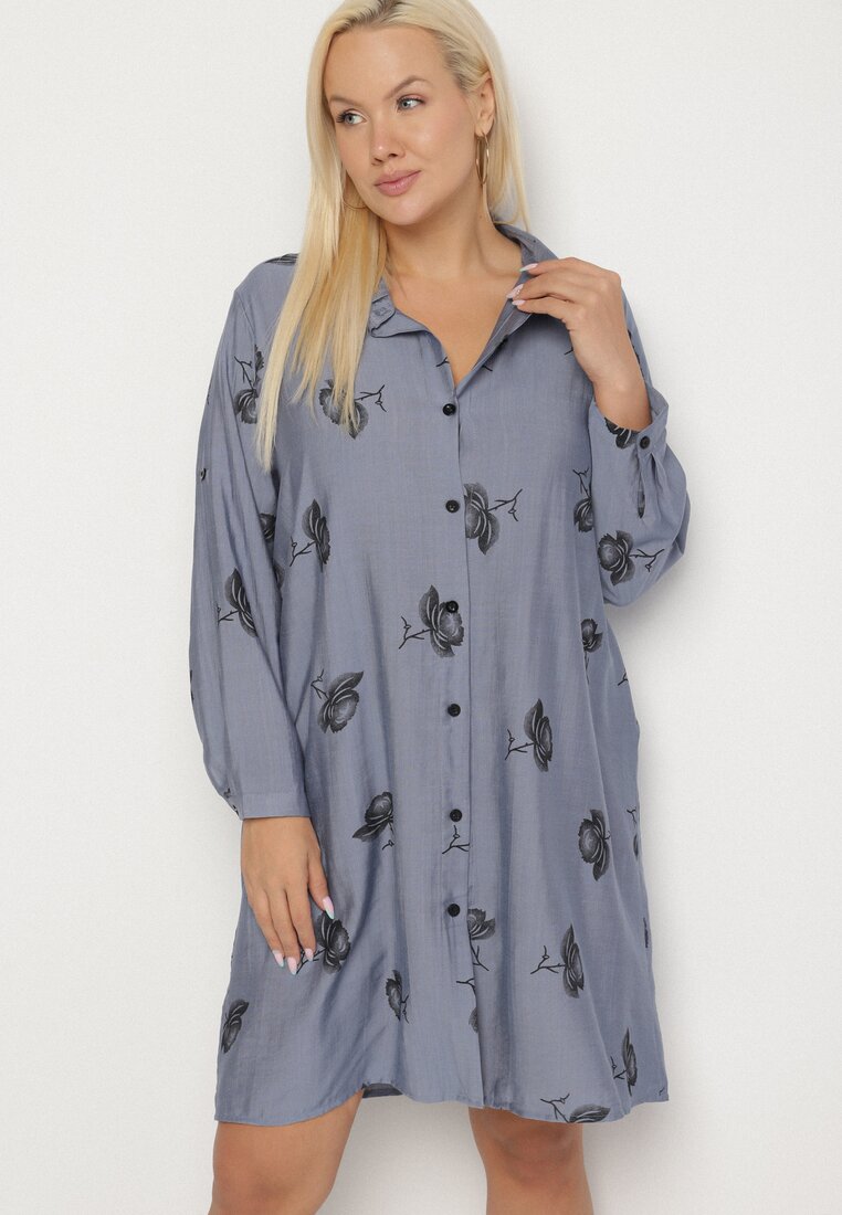 Rochie bleumarin tip cămașă cu nasturi și mâneci reglabile Xatella