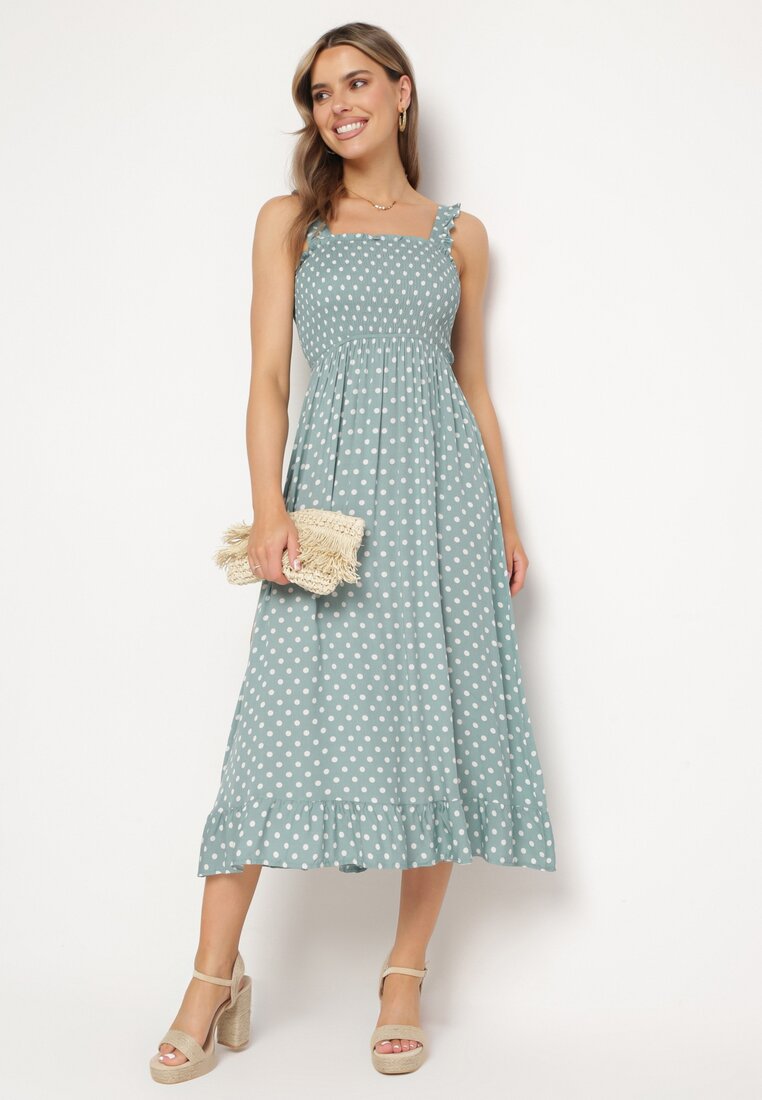 Rochie Verde din Viscoză cu Bretele Largi și Elastic în Talie Ginneli