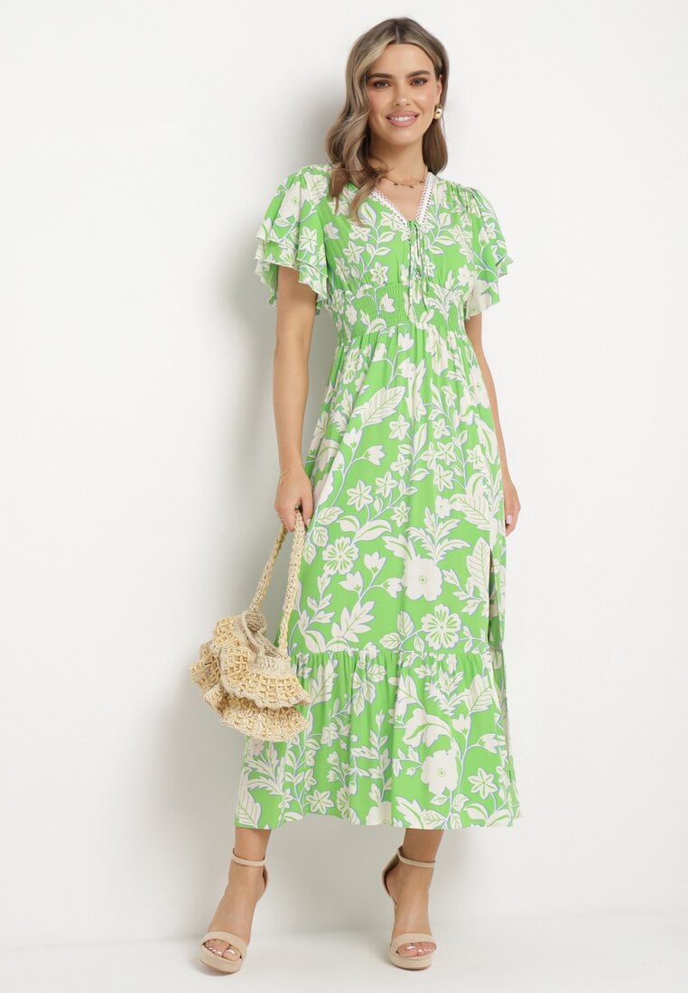 Rochie Verde deschis din viscoză cloș cu legătură decorativă și panglică din dantelă cu elastic în talie Lalmarie