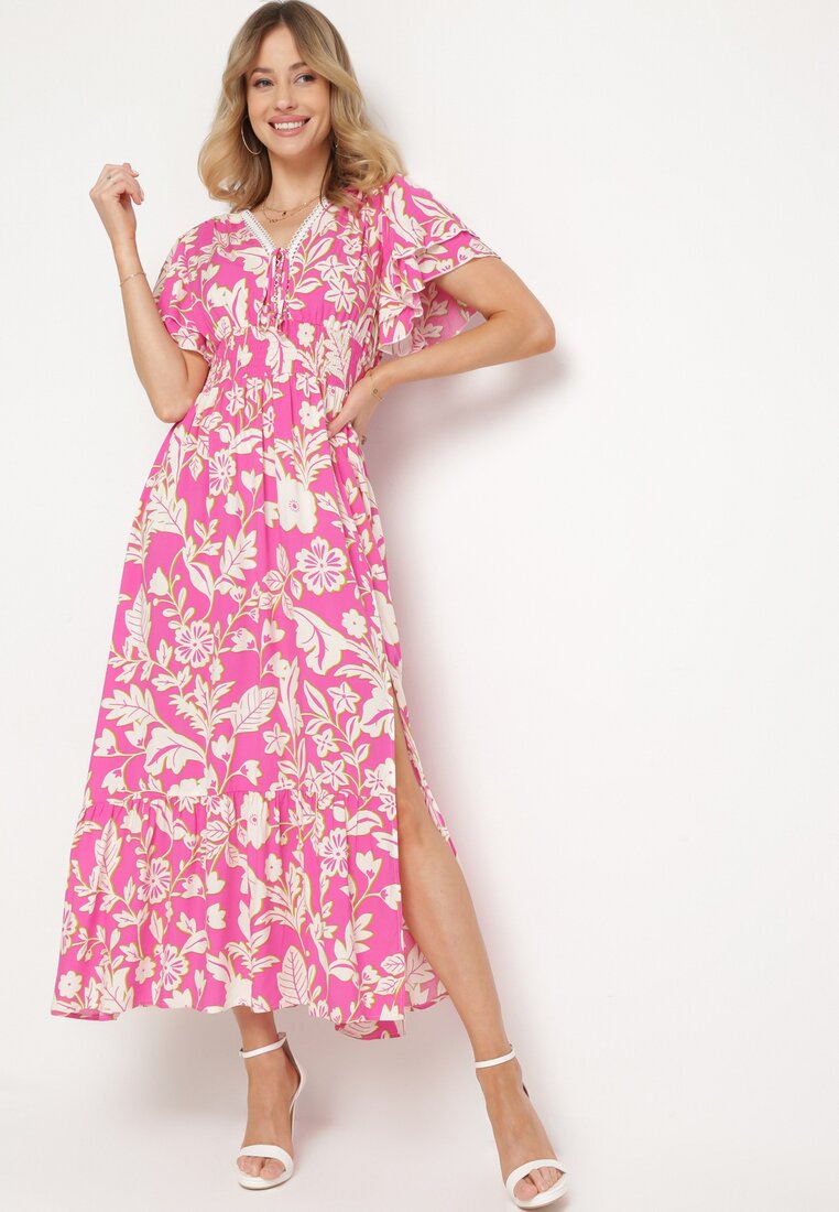 Rochie roz cloș din vâscoză cu legătură decorativă și panglică din dantelă cu elastic în talie Lalmarie