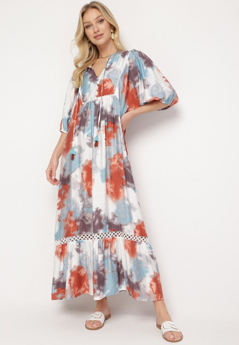 Rochie Bej Evazată cu Legătură la Decolteu și Nasturi Decorativi Attella