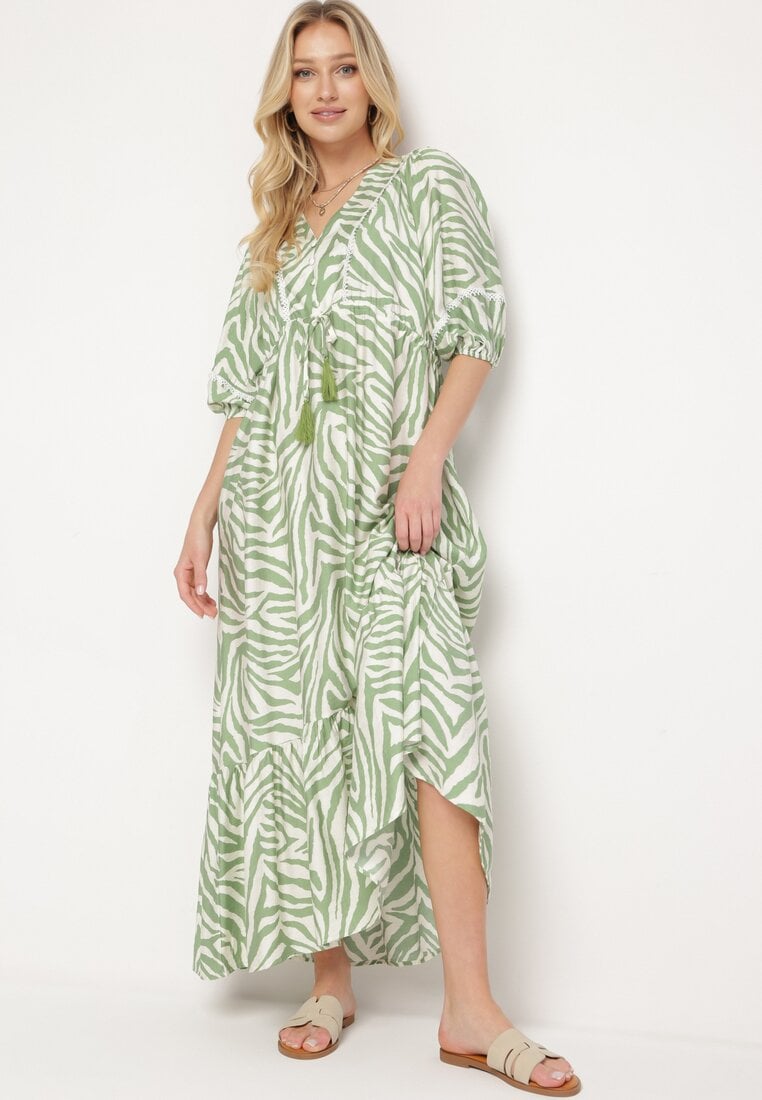 Rochie Verde deschis din Bumbac și Viscoză cu Dungi Abstracte cu Șnur în Talie Navarae