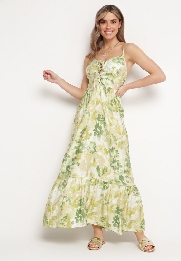 Rochie Verde din Viscoză și Bumbac Evazată cu Imprimeu Floral și Legătură Decorativă Wiama